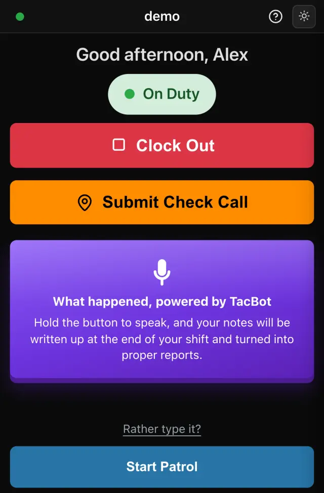 The TacDesk guard app home screen on a phone, on duty with clock out and check call buttons