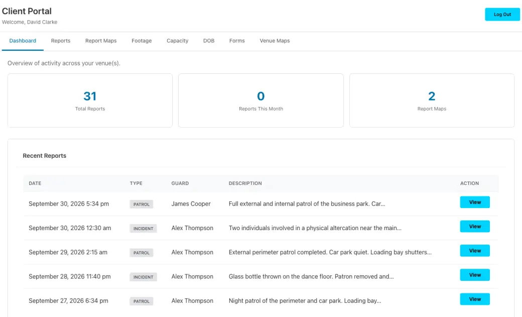 Client Portal dashboard with the client's recent patrol and incident reports