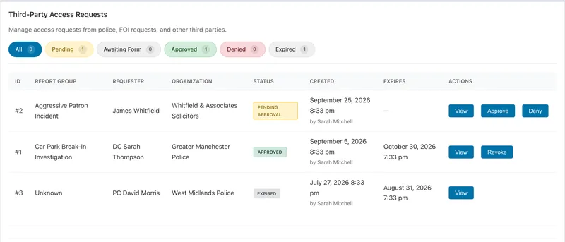 Third-Party Access Requests: requests from police and other third parties with approve and deny buttons