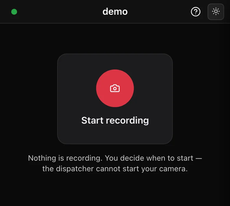 Guard app body camera screen: nothing is recording until the guard starts it