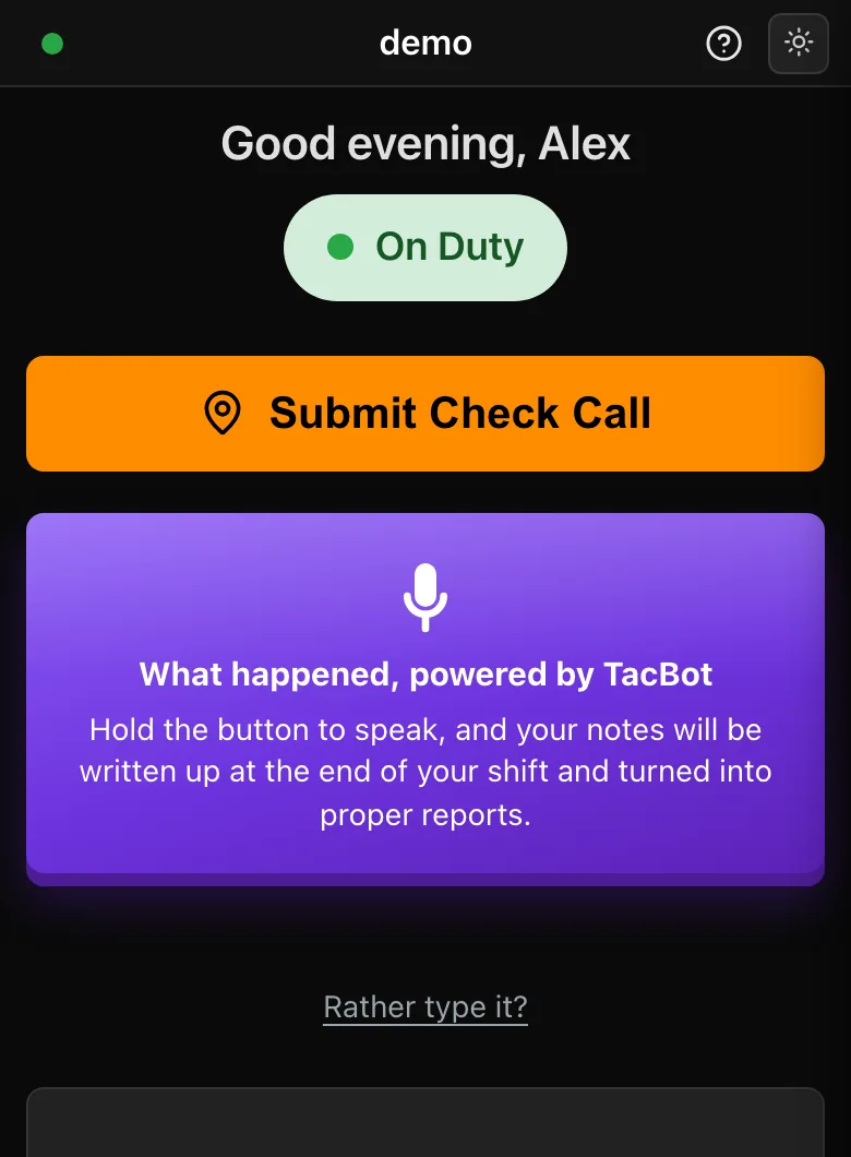 Guard app home screen: on duty, with Submit Check Call and voice report buttons