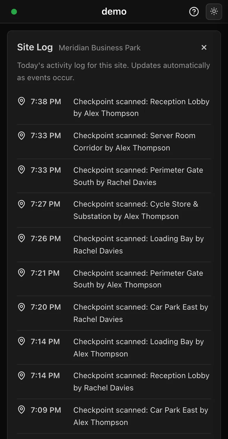Guard app site log: checkpoint scans listed with the time and the guard