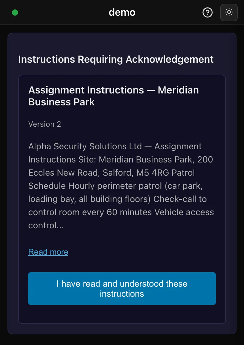 Guard app: site assignment instructions the guard has to read and acknowledge