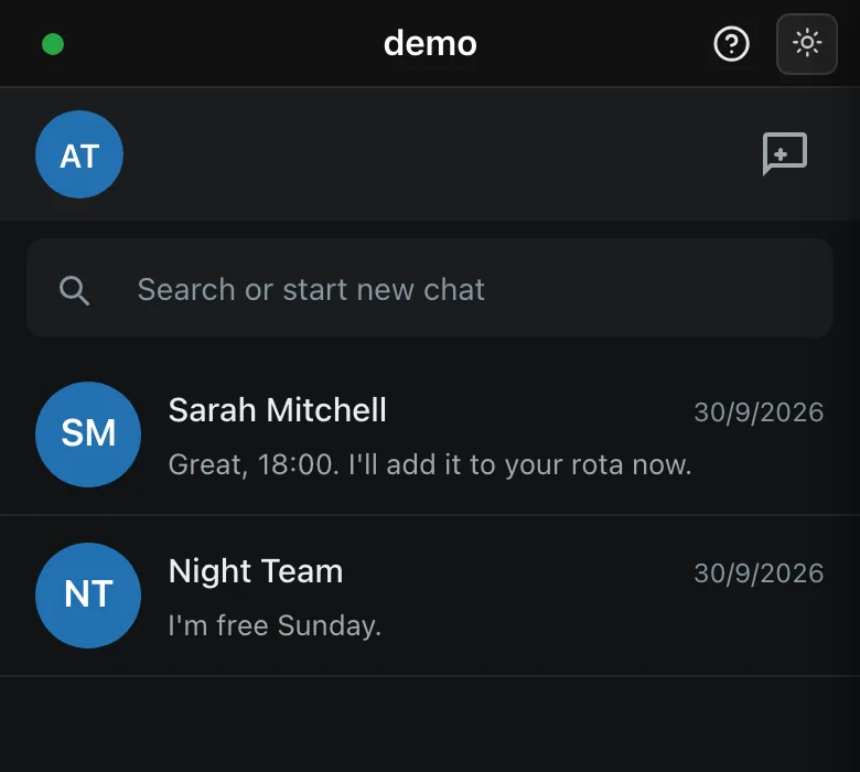 Guard app messaging: a list of conversations with a manager and a team
