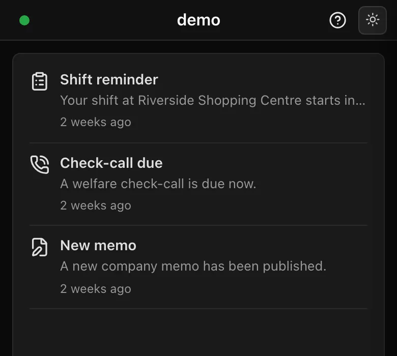 Guard app notifications: a shift reminder, a check-call prompt and a new memo