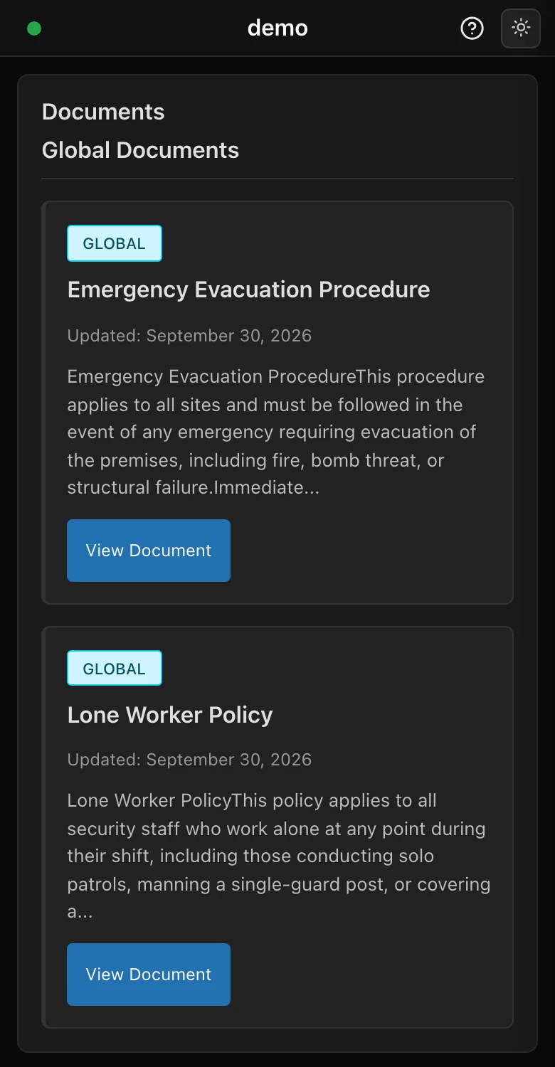 Guard app documents: company policies and procedures to read on the phone