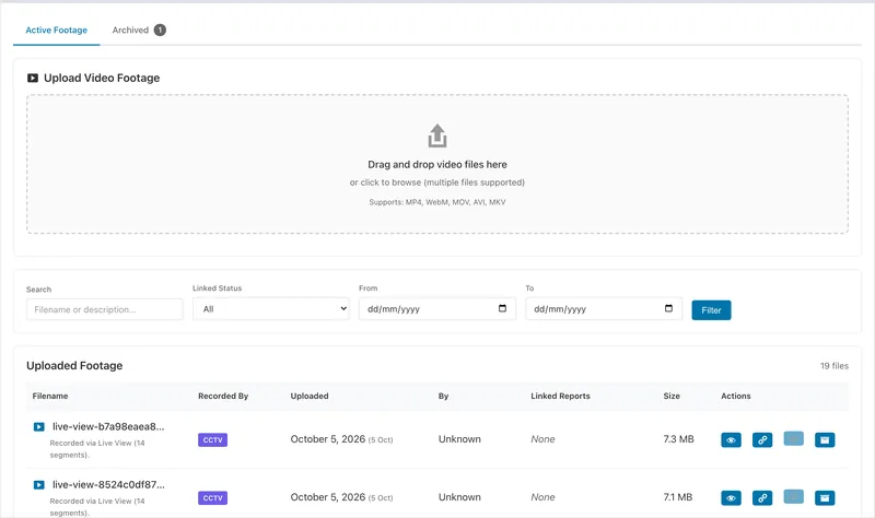 Footage Management: an upload area and a list of uploaded footage files