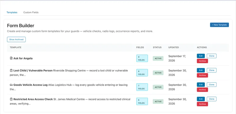 Form Builder: a list of custom report templates with their fields and status