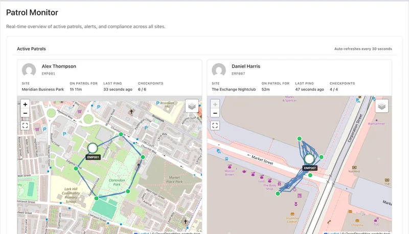 Patrol Monitor: two guards' active patrols on maps, with their routes and checkpoints