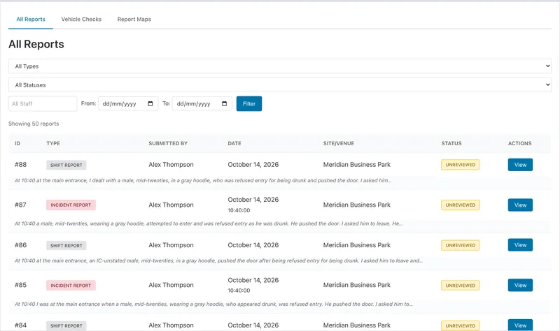 All Reports: a filterable list of incident, shift and other reports
