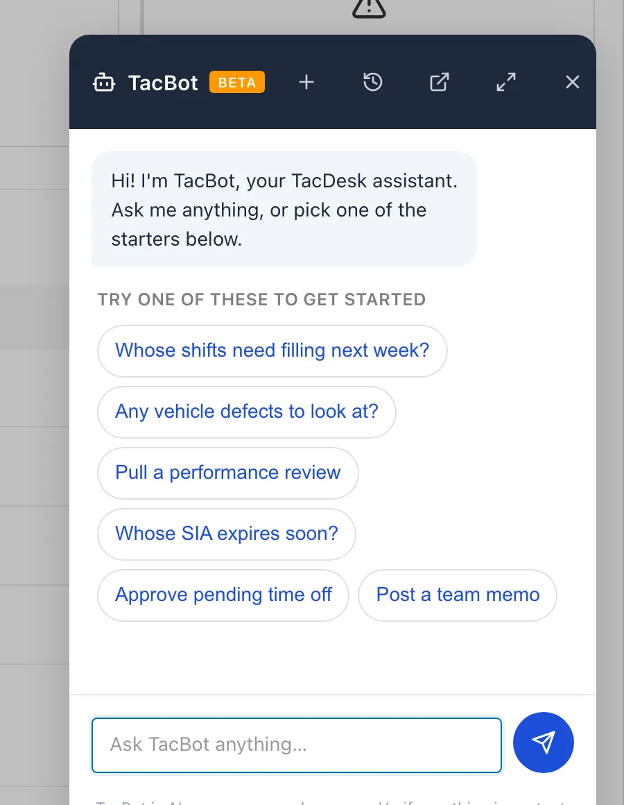 TacBot, the built-in assistant, with starter questions such as whose shifts need filling next week