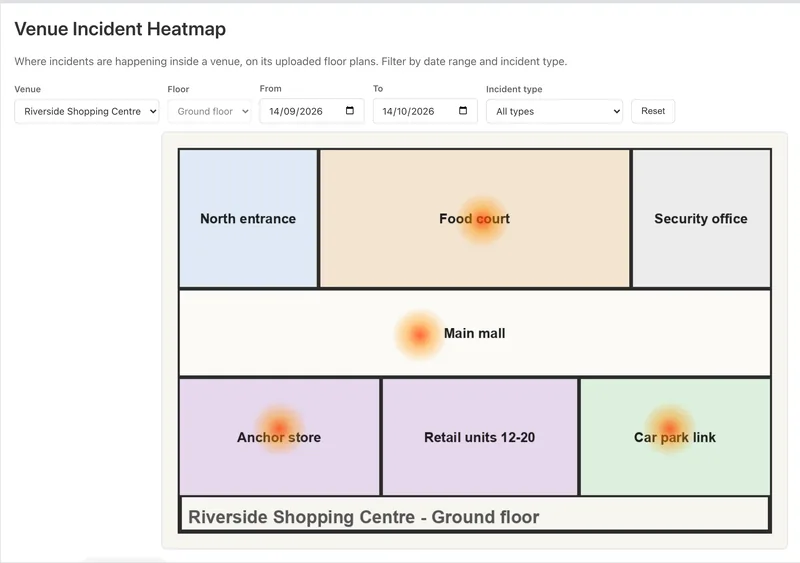 Venue Incident Heatmap: incident hot spots on an uploaded floor plan of a shopping centre